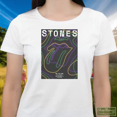 Women's The Rolling Stones No Filter New Orleans La 2019 Us Tour T Shirt In White, Front View On Dark Wood Background