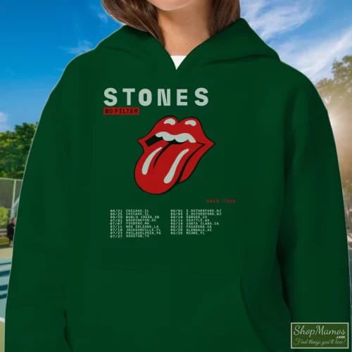 The Rolling Stones No Filter Tour 2019 Women’s Hoodie – Forest Green Front View On Light Wood Background Women's The Rolling Stones No Filter Tour 2019 Hoodie In Forest Green, Front View On Light Wood Background