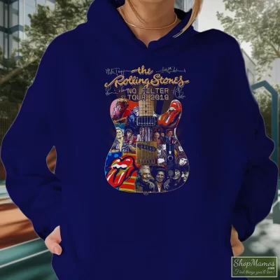 Women's The Rolling Stones No Filter Tour 2019 Hoodie In Navy, Front View On Light Wood Background