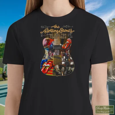 Women's The Rolling Stones No Filter Tour 2019 T Shirt In Black, Front View On Light Wood Background