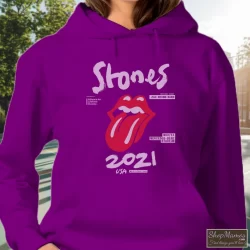 The Rolling Stones No Filter Tour 2021 North America Shirt 6 Women's The Rolling Stones No Filter Tour 2021 North America Hoodie In Purple, Front View On Light Wood Background
