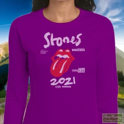 The Rolling Stones No Filter Tour 2021 North America Shirt 11 Women's The Rolling Stones No Filter Tour 2021 North America Long Sleeve In Purple, Front View On Light Wood Background