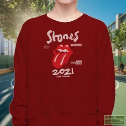 The Rolling Stones No Filter Tour 2021 North America Shirt 5 Women's The Rolling Stones No Filter Tour 2021 North America Sweatshirt In Maroon, Front View On Light Wood Background