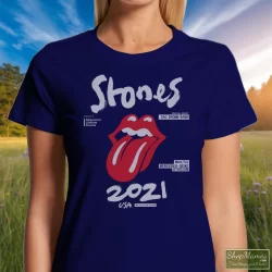 The Rolling Stones No Filter Tour 2021 North America Shirt 7 Women's The Rolling Stones No Filter Tour 2021 North America T Shirt In Navy, Front View On Light Wood Background