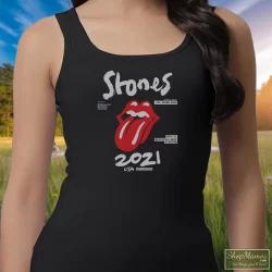 The Rolling Stones No Filter Tour 2021 North America Shirt 8 Women's The Rolling Stones No Filter Tour 2021 North America Tank Top In Black, Front View On Light Wood Background