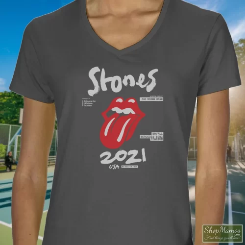 The Rolling Stones No Filter Tour 2021 North America Women’s V Neck – Charcoal Front View On Dark Wood Background Women's The Rolling Stones No Filter Tour 2021 North America V Neck In Charcoal, Front View On Dark Wood Background