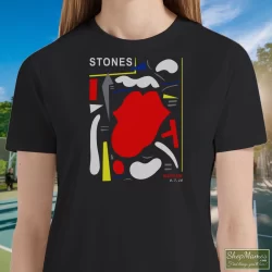 Women's The Rolling Stones No Filter Warsaw Poland Tour 2018 T Shirt In Black, Front View On Light Wood Background