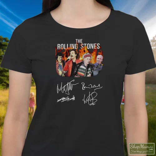 The Rolling Stones Ronnie Wood Mick Jagger Keith Richards Charlie Watts Signature Women’s T Shirt – Black Front View On Light Wood Background Women's The Rolling Stones Ronnie Wood Mick Jagger Keith Richards Charlie Watts Signature T Shirt In Black, Front View On Light Wood Background