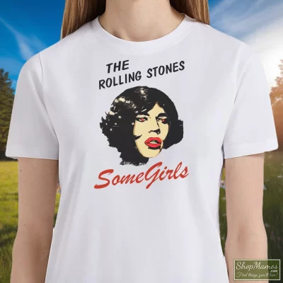Women's The Rolling Stones Some Girls T Shirt In White, Front View On Dark Wood Background