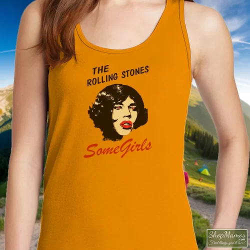 The Rolling Stones Some Girls Women’s Tank Top – Orange Front View On Dark Wood Background Women's The Rolling Stones Some Girls Tank Top In Orange, Front View On Dark Wood Background