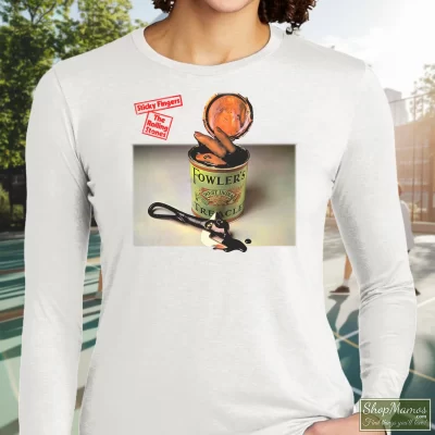 Women's The Rolling Stones Sticky Fingers Long Sleeve In White, Front View On Dark Wood Background