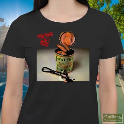 Women's The Rolling Stones Sticky Fingers T Shirt In Black, Front View On Light Wood Background