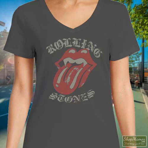 The Rolling Stones The Rolling Stones Fangs Vampire Women’s V Neck – Charcoal Front View On Dark Wood Background Women's The Rolling Stones The Rolling Stones Fangs Vampire V Neck In Charcoal, Front View On Dark Wood Background