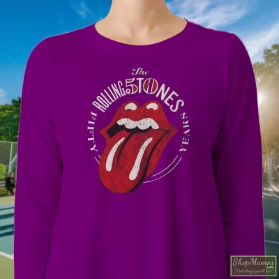 Women's The Rolling Stones Tongue 50th Anniversary Long Sleeve In Purple, Front View On Light Wood Background