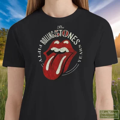 Women's The Rolling Stones Tongue 50th Anniversary T Shirt In Black, Front View On Light Wood Background