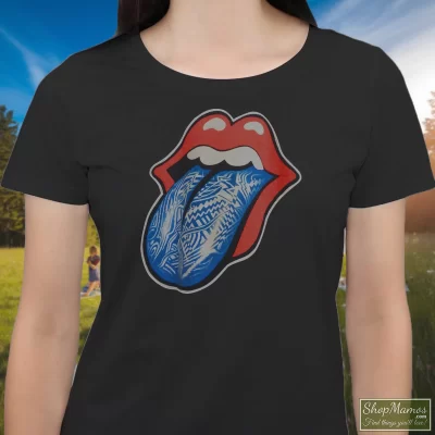 Women's The Rolling Stones Tongue And Lips T Shirt In Black, Front View On Light Wood Background
