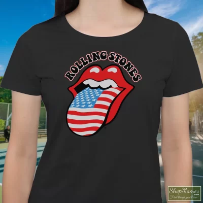 Women's The Rolling Stones Tongue Classic T Shirt In Black, Front View On Light Wood Background