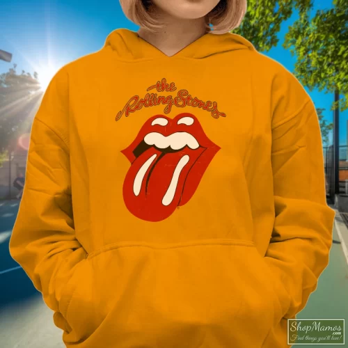 The Rolling Stones Tongue White Women’s Hoodie – Orange Front View On Dark Wood Background Women's The Rolling Stones Tongue White Hoodie In Orange, Front View On Dark Wood Background