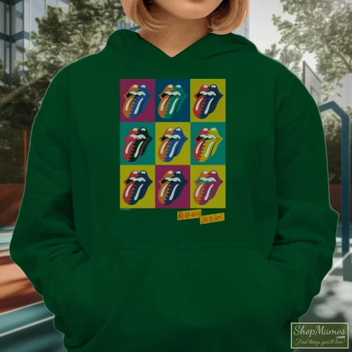 The Rolling Stones Urban Jungle 1990 Eu Tour Women’s Hoodie – Forest Green Front View On Light Wood Background Women's The Rolling Stones Urban Jungle 1990 Eu Tour Hoodie In Forest Green, Front View On Light Wood Background