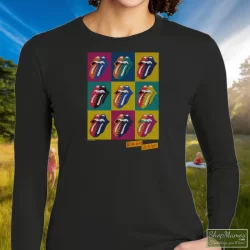 The Rolling Stones Urban Jungle 1990 Eu Tour Shirt 5 Women's The Rolling Stones Urban Jungle 1990 Eu Tour Long Sleeve In Black, Front View On Light Wood Background