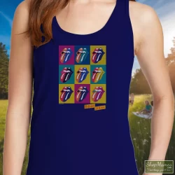 The Rolling Stones Urban Jungle 1990 Eu Tour Shirt 7 Women's The Rolling Stones Urban Jungle 1990 Eu Tour Tank Top In Navy, Front View On Light Wood Background