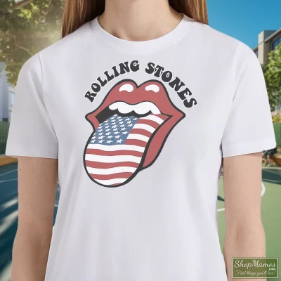 Women's The Rolling Stones Usa Flag For Men Women T Shirt In White, Front View On Dark Wood Background