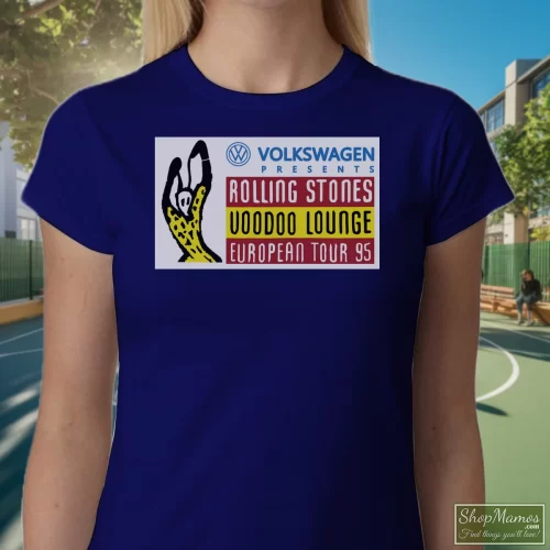 The Rolling Stones Voodoo Lounge 1995 Women’s T Shirt – Navy Front View On Light Wood Background Women's The Rolling Stones Voodoo Lounge 1995 T Shirt In Navy, Front View On Light Wood Background
