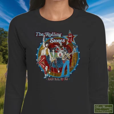 Women's Thrashed Original 1981 The Rolling Stones Tatoo You Tour Long Sleeve In Black, Front View On Light Wood Background
