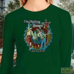 Thrashed Original 1981 The Rolling Stones Tatoo You Tour Shirt 7 Women's Thrashed Original 1981 The Rolling Stones Tatoo You Tour Sweatshirt In Forest Green, Front View On Light Wood Background