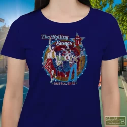 Women's Thrashed Original 1981 The Rolling Stones Tatoo You Tour T Shirt In Navy, Front View On Light Wood Background