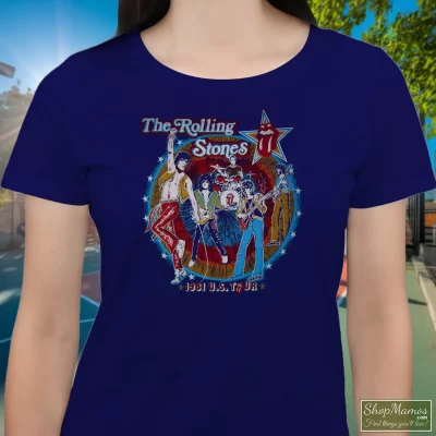 Women's Thrashed Original 1981 The Rolling Stones Tatoo You Tour T Shirt In Navy, Front View On Light Wood Background