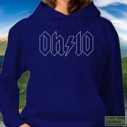 Thunderstruck Ohio ACDC Rock Shirt 3 Women's Thunderstruck Ohio ACDC Rock Hoodie In Navy, Front View On Light Wood Background