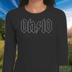 Thunderstruck Ohio ACDC Rock Shirt 7 Women's Thunderstruck Ohio ACDC Rock Long Sleeve In Black, Front View On Light Wood Background
