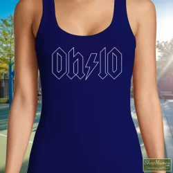Thunderstruck Ohio ACDC Rock Shirt 5 Women's Thunderstruck Ohio ACDC Rock Tank Top In Navy, Front View On Light Wood Background