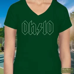 Thunderstruck Ohio ACDC Rock Shirt 4 Women's Thunderstruck Ohio ACDC Rock V Neck In Forest Green, Front View On Light Wood Background