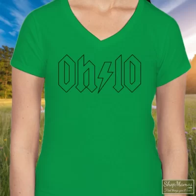 Women's Thunderstruck Ohio Classic ACDC Rock V Neck In Irish Green, Front View On Light Wood Background