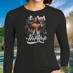 I Am Hip Hop Legends Rappers Signatures Shirt Tupac Shakur Nipsey Hussle Ice Cube Notorious Big Jay-z Eminem Snoop Dogg 5 Women's I Am Hip Hop Legends Rappers Signatures Tupac Shakur Nipsey Hussle Ice Cube Notorious Big Jay - Z Eminem Snoop Dogg Long Sleeve In Black, Front View On Light Wood Background