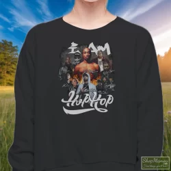 I Am Hip Hop Legends Rappers Signatures Shirt Tupac Shakur Nipsey Hussle Ice Cube Notorious Big Jay-z Eminem Snoop Dogg 2 Women's I Am Hip Hop Legends Rappers Signatures Tupac Shakur Nipsey Hussle Ice Cube Notorious Big Jay - Z Eminem Snoop Dogg Sweatshirt In Black, Front View On Light Wood Background