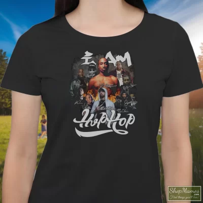 Women's I Am Hip Hop Legends Rappers Signatures Tupac Shakur Nipsey Hussle Ice Cube Notorious Big Jay - Z Eminem Snoop Dogg T Shirt In Black, Front View On Light Wood Background