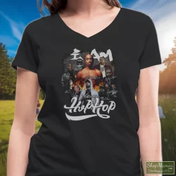 I Am Hip Hop Legends Rappers Signatures Shirt Tupac Shakur Nipsey Hussle Ice Cube Notorious Big Jay-z Eminem Snoop Dogg 11 Women's I Am Hip Hop Legends Rappers Signatures Tupac Shakur Nipsey Hussle Ice Cube Notorious Big Jay - Z Eminem Snoop Dogg V Neck In Black, Front View On Light Wood Background