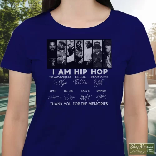 I Am Hip Hop Thank You For The Memories Snoop Dogg Women’s T Shirt – Navy Front View On Light Wood Background Women's I Am Hip Hop Thank You For The Memories Snoop Dogg T Shirt In Navy, Front View On Light Wood Background