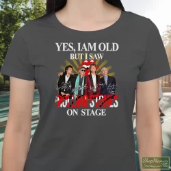 I Am Old But I Saw Rolling Stones On Stage Shirt 7 Women's I Am Old But I Saw Rolling Stones On Stage T Shirt In Charcoal, Front View On Dark Wood Background