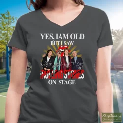 I Am Old But I Saw Rolling Stones On Stage Shirt 5 Women's I Am Old But I Saw Rolling Stones On Stage V Neck In Charcoal, Front View On Dark Wood Background