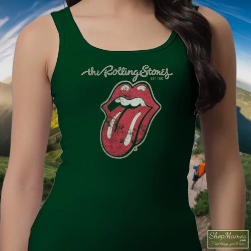 Japan 1880 Rolling Stones Fan Logo Women’s Tank Top – Forest Green Front View On Light Wood Background Women's Japan 1880 Rolling Stones Fan Logo Tank Top In Forest Green, Front View On Light Wood Background