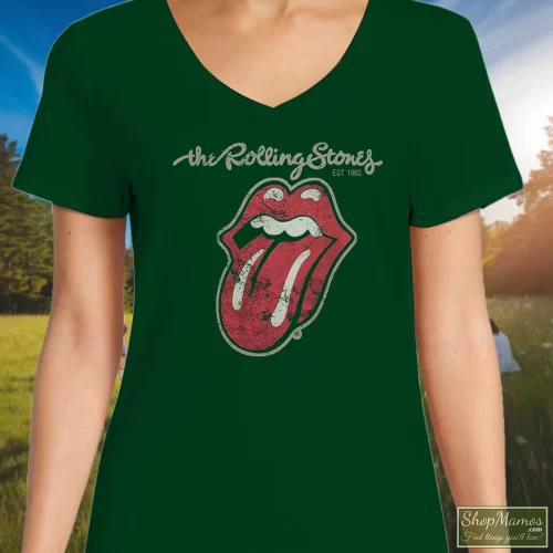 Japan 1880 Rolling Stones Fan Logo Women’s V Neck – Forest Green Front View On Light Wood Background Women's Japan 1880 Rolling Stones Fan Logo V Neck In Forest Green, Front View On Light Wood Background