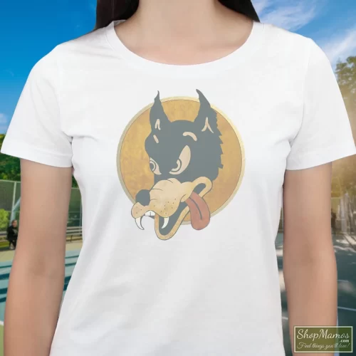Jerry Garcia Grateful Dead Wolf Guitar Vintage Rock Merch Women’s T Shirt – White Front View On Dark Wood Background Women's Jerry Garcia Grateful Dead Wolf Guitar Vintage Rock Merch T Shirt In White, Front View On Dark Wood Background
