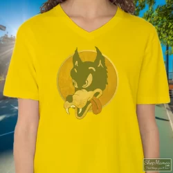 Women's Jerry Garcia Grateful Dead Wolf Guitar Vintage Rock Merch V Neck In Yellow, Front View On Dark Wood Background