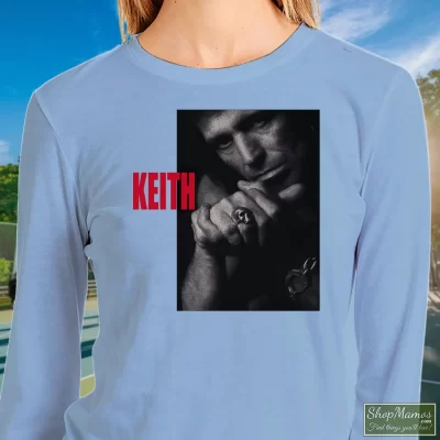 Women's Keith Richards Rolling Stones Tour 88 Rock Sweatshirt In Light Blue, Front View On Dark Wood Background
