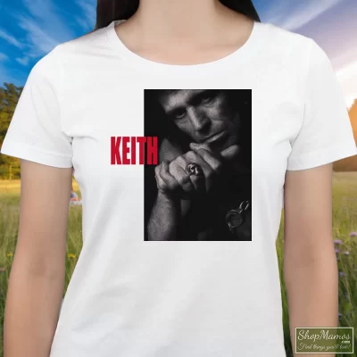 Women's Keith Richards Rolling Stones Tour 88 Rock T Shirt In White, Front View On Dark Wood Background