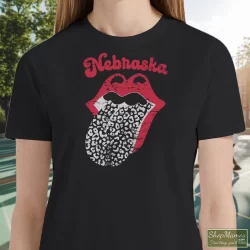 Women's Leopard Tongue Rolling Stones Style Nebraska Huskers Black T Shirt In Black, Front View On Light Wood Background
